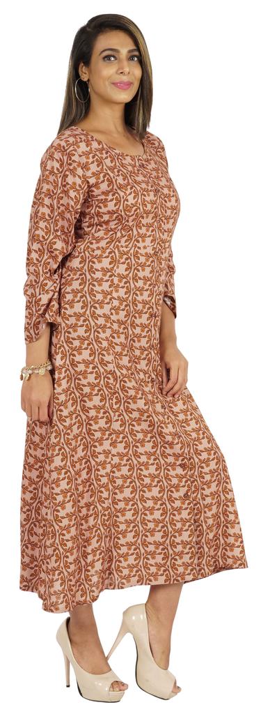 Bimba Printed Maxi Dress For Women Front Button Placket Ethnic Dress Casual Rayon