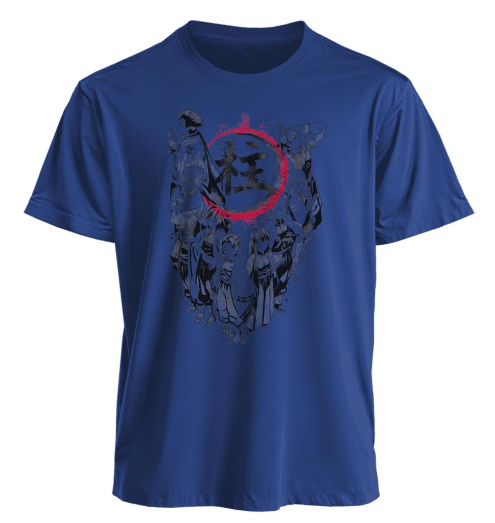 White Short Sleeve T Shirt Demon Slayer Hashira Group Print with Red Circle and Black Kanji Ink Splash Effect Cotton Anime Top