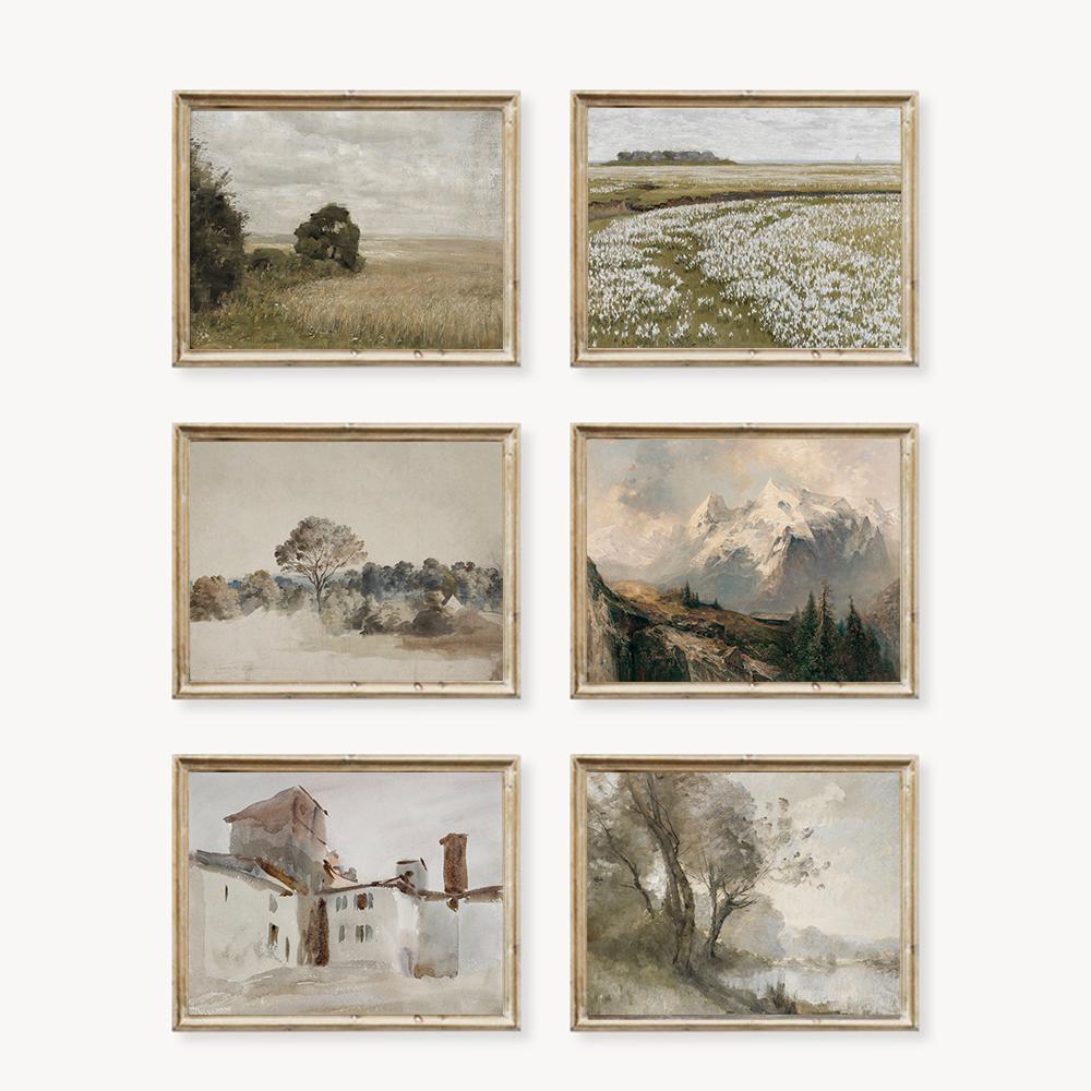 Ретро настенное искусство, скандинавская картина на холсте, настенный постер и принты, винтажное деревенское поле, пейзажное украшение, картина для гостиной