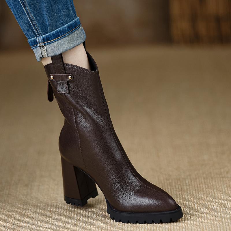 Women's Shoes Ultra-high Waterproof Table Comfortable Short Boots Thick Heel High Heel Zipper Head Layer Pointed Brown