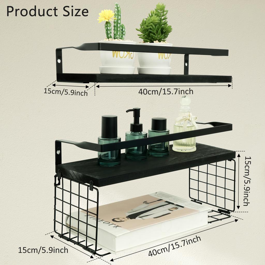 Floating Shelves Wall Mounted Bathroom Shelves with Paper Storage Basket Wooden Wall Shelves for Bathroom Kitchen Storage Rack