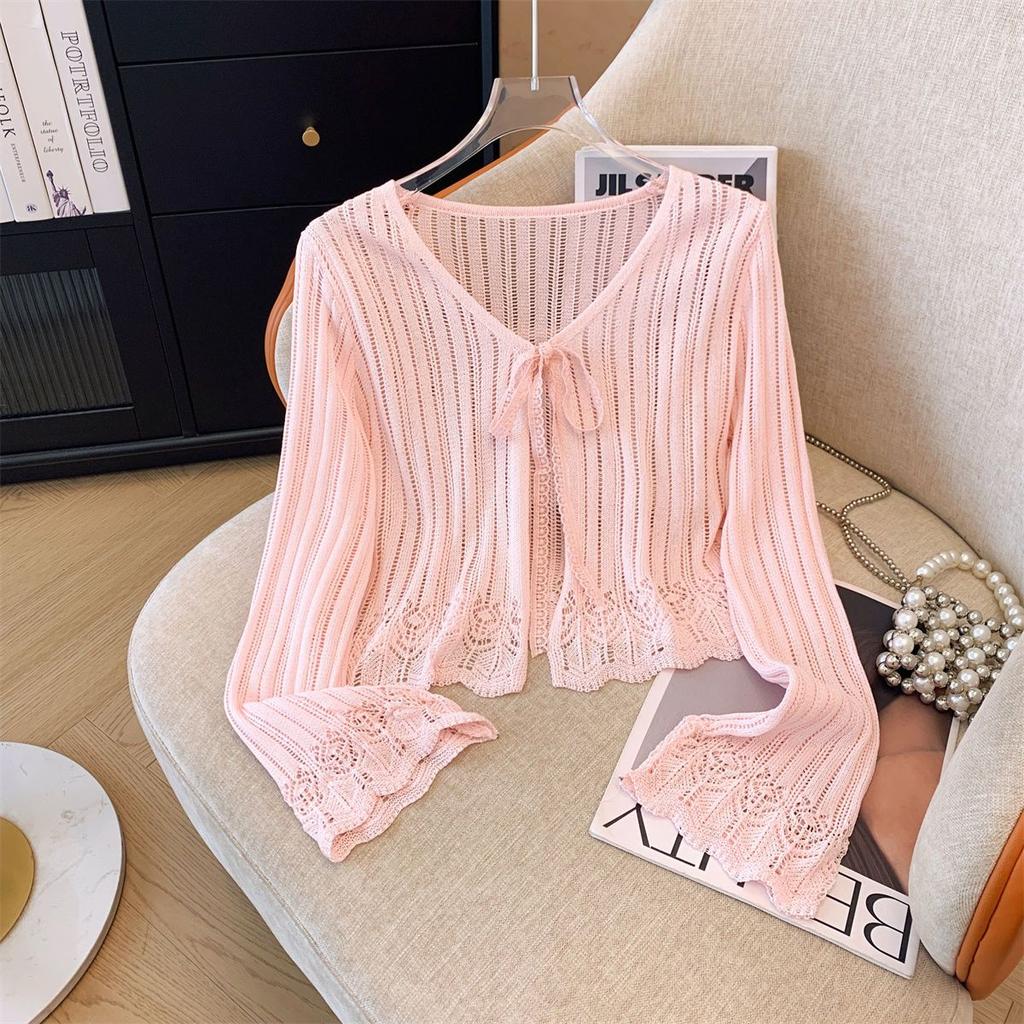 Короткий кардиган с ажурной вязкой для женщин, летняя тонкая рубашка с солнцезащитным кремом, нежный топ