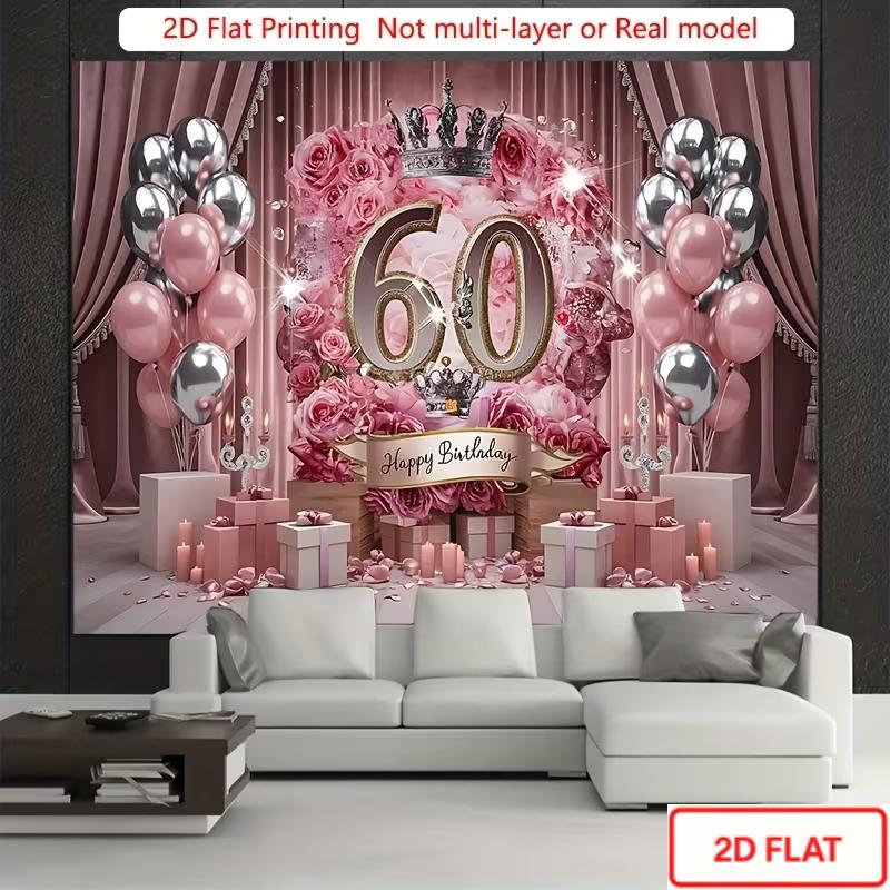 2D 2D Flat Printing Pink Silver 60th Happy Birthday Backdrop for Photo Booth