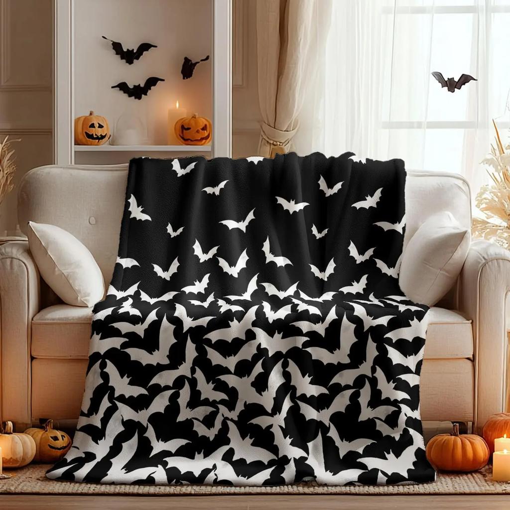 Horaldaily Halloween Flannel Throw Blanket Beige with Bats Soft Fuzzy Plush Cozy Fleece for Couch Bed Lounging Perfect Gift fo