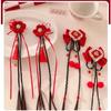 2pcs Hanfu Headdress Children Red Hairclip Flower Tassel Bow Wig Braid Hairpin New Year Headwear