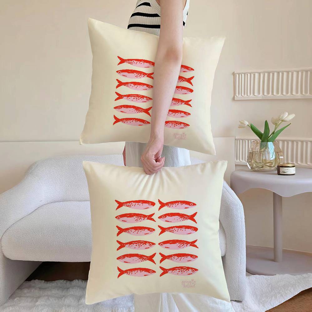 Cute Coastal Charm Sardines Pillow Case Anti-Dustmite Pillowcase Invisible Zipper Silky Short Plush Sofa Cushion Cover