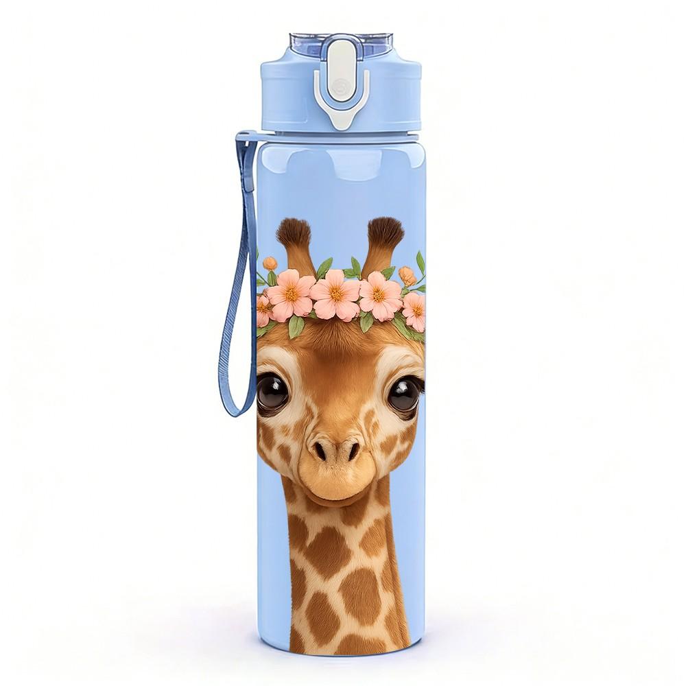 1PC Cute Giraffe Head Portrait 750ml Color Plastic Sports Water Bottle Leakproof Flip Straw Lid For Sports Office Home Use