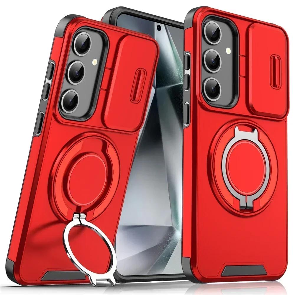 Shockproof Magnetic Phone Case for SamsungA17 A56 A36 A26 A16 A06 S24 S25 Ultra Plus Slide Camera Lens Ring Stand Protect Case