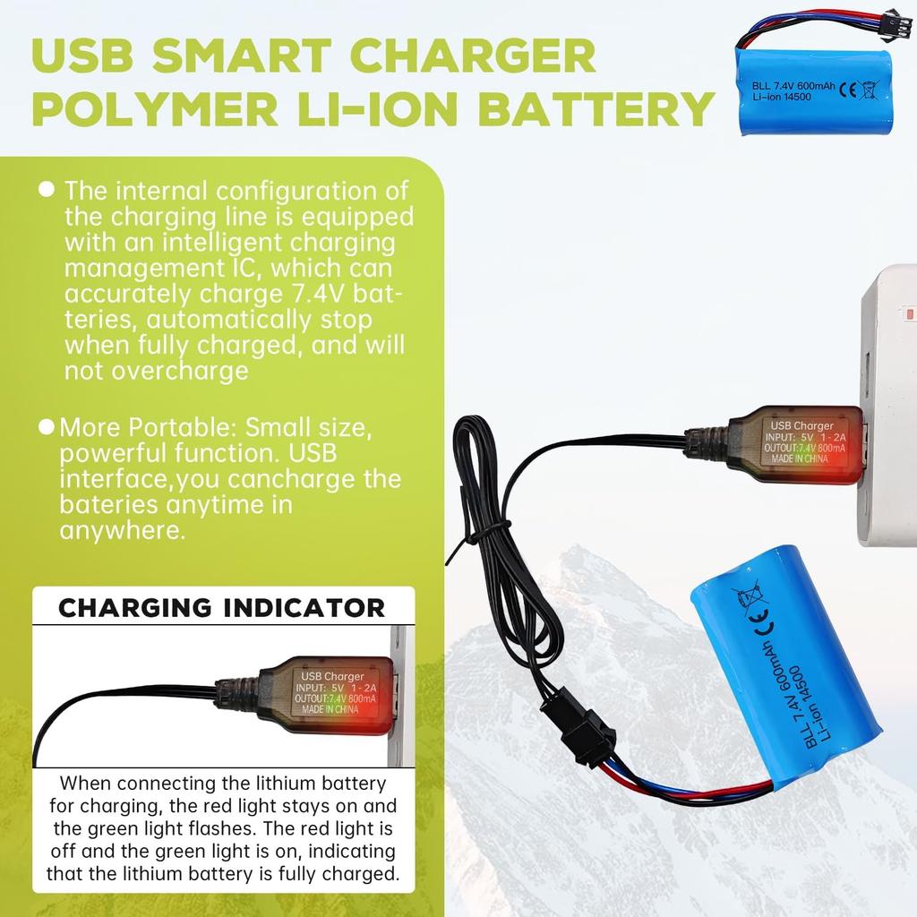 1x Li-ion Аккумулятор 7.4V 600mAh 2S с разъемом SM-3P + USB-кабель – Совместим с радиоуправляемой машиной DE82, TK3086B, TK-3082B, G20601, Машина-перевертыш