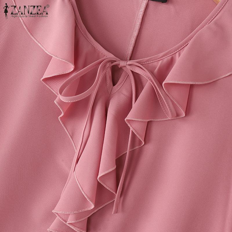 ZANZEA Женская повседневная блузка с оборками, круглым вырезом, летняя, с коротким рукавом