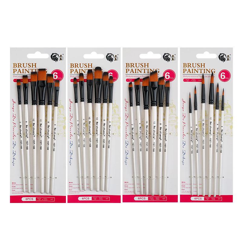 Set of 6 Cross-border Nylon Hair Oil Painting Brushes with Multiple Heads, Pearlescent White Handle, Ideal for Watercolor and Acrylic Art