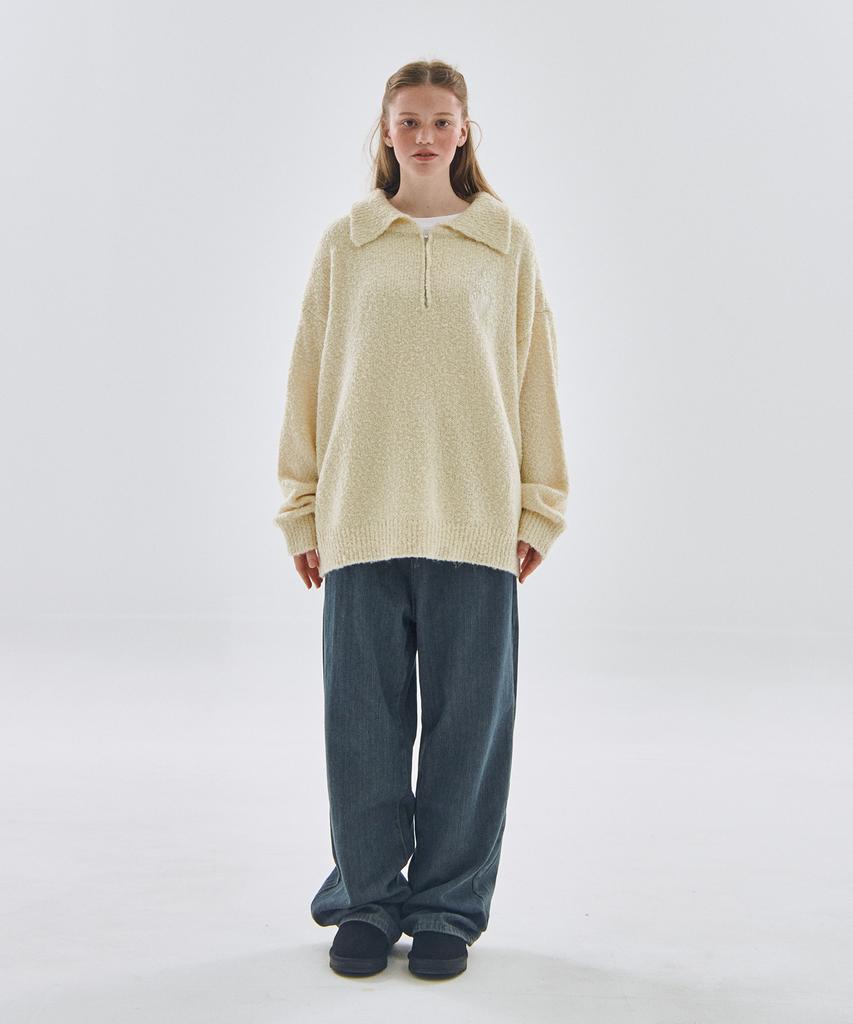SOME PLACE Washable Half Heart Logo Embroidered Half-Zip Knit Oversized [Beige]