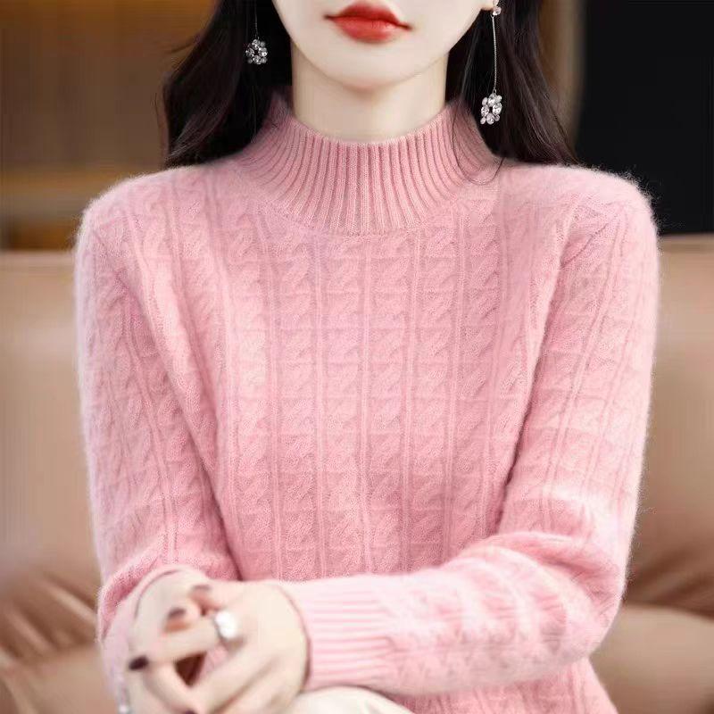 Cashmere Sweater Women's Half Turtleneck Knitted Sweater Casual Pullover Thickened Knitted Sweater with Loose Solid Color Base Layer