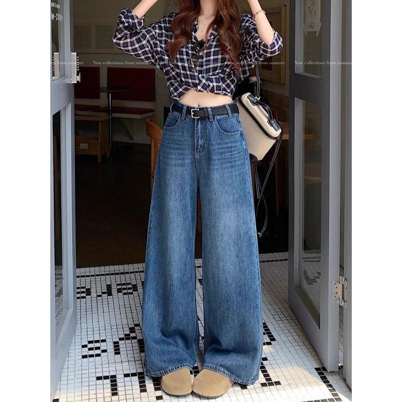 Kumikumi American Vintage Washed Blue Wide Leg Jeans Women Clothes Autumn Loose Slimming All-Match Straight Pants