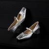 Silver sheepskin square head thick heel single shoes women's medium heel soft leather one-word buckle Mary Jane shoes spring and autumn