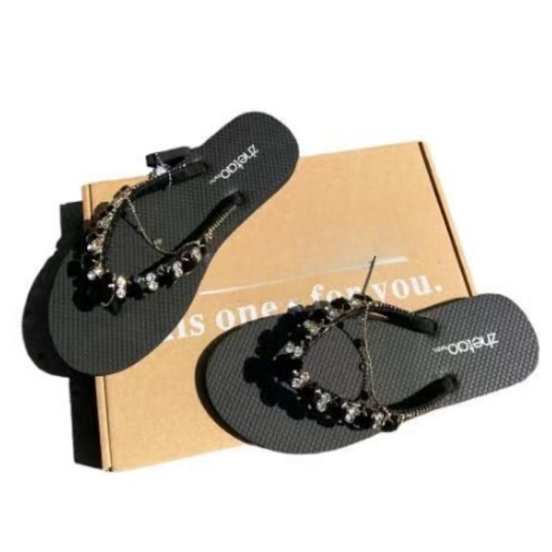 2024 Hot Sale Shoes for Women Summer Women's Slippers Mixed Colors Brilliant Diamond Open Toe Low-heeled Beach Slippers Women