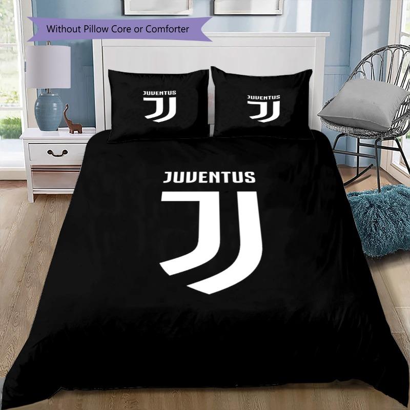 Juventus Logo Cracked Texture Teal Stripe 3Pcs Bedding Set, Duvet Cover with 2 Pillowcases, Football Bed Linens, No Comforter No Pillow Core