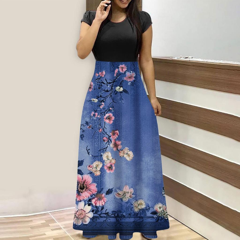 Женская мода повседневные свободные принтованные платья с круглым вырезом и коротким рукавом длинные платья с коротким рукавом длинные платья