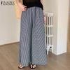 Summer Casual Elastic Waist Loose Wide Leg Plaid Print Pant For Women