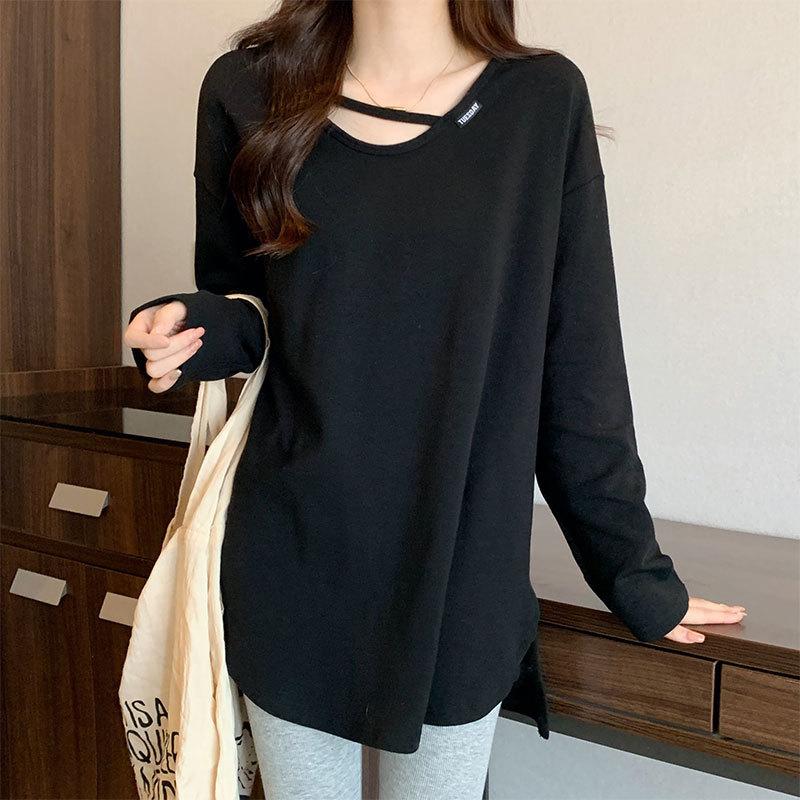 Хлопковая футболка средней длины с v-образным вырезом, женская футболка с длинными рукавами, весна и осень, свободные открытые топы в иностранном стиле