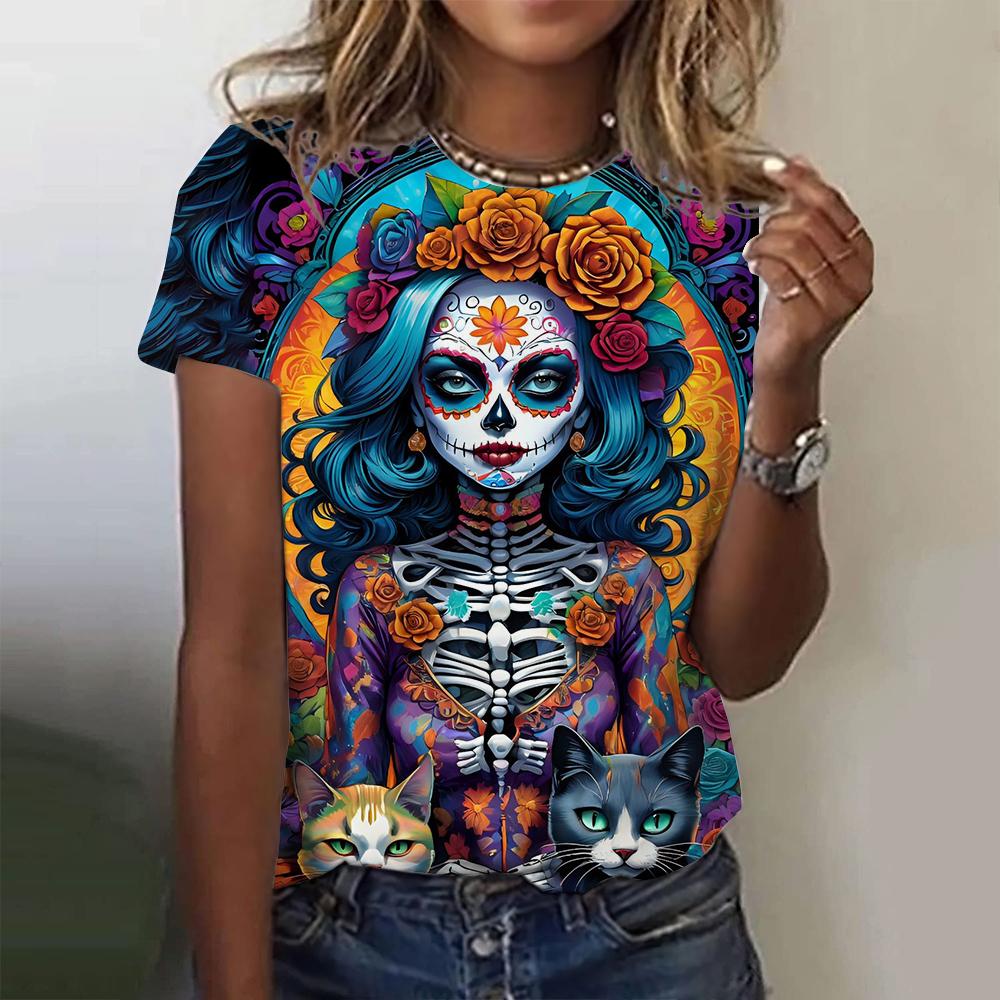 Women's T-shirt for Girls Summer Short Sleeve Casual Horror Undead Skull Pattern T-shirts