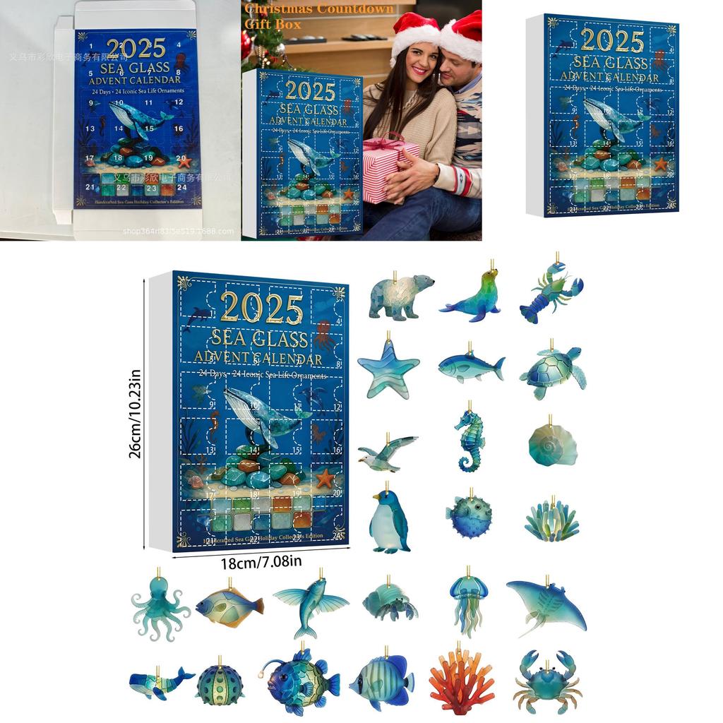 Christmas Countdown Calendar With Marine Animal Acrylic Ornaments For Holiday Decor