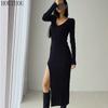 Вязаное платье-свитер с разрезом, весна-осень, французские женские облегающие облегающие платья выше колена, вязаные на бедрах