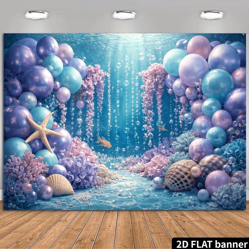 2D Ocean Adventure Backdrop Underwater Purple Blue Balloon & Coral Fabric Banner for Kids Party