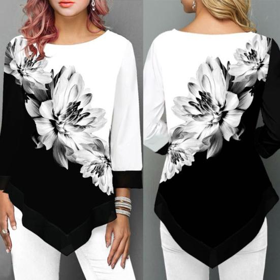 Женская туника с цветочным принтом и круглым вырезом, длинным рукавом и неровным подолом, топ