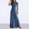 European American Casual Denim Maxi Dress 2022 Shirt Collar Slit Pockets Swing Skirt