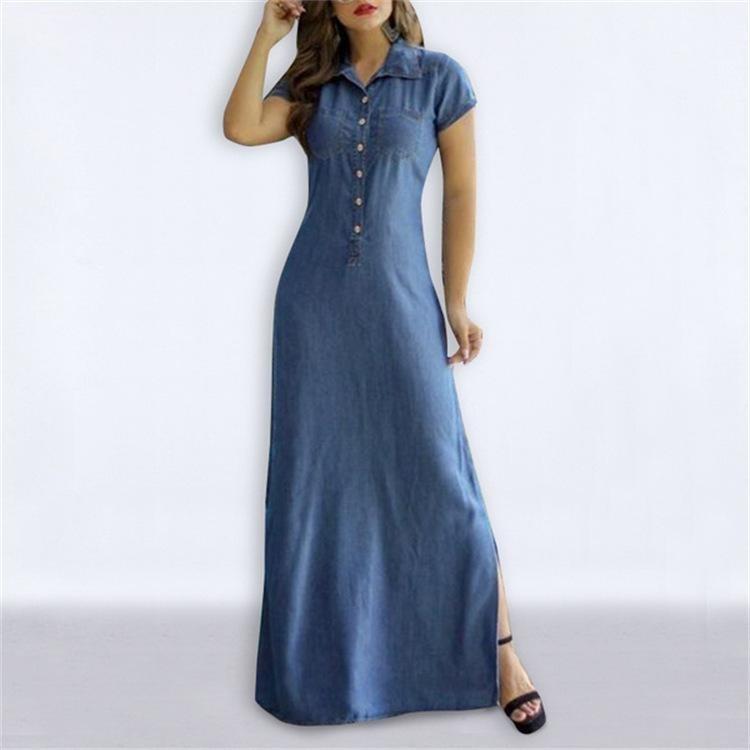 European American Casual Denim Maxi Dress 2022 Shirt Collar Slit Pockets Swing Skirt