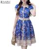 Women Turn Down Collar Summer Short Sleeve Casual Print Dress
