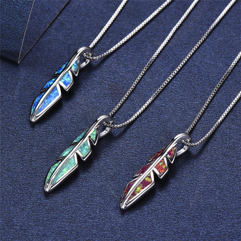 Red/Blue/Green Fire Opal Leaf Pendant Necklaces For Women 925 Sterling Silver Feather Jewelry Female Chain Wedding Necklace
