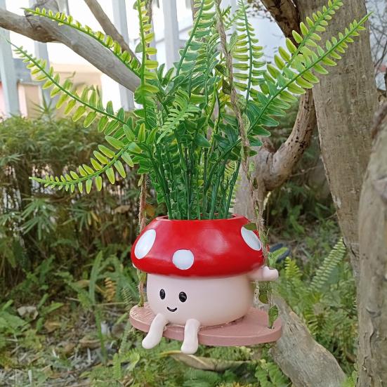 Hanging Planter Pot Indoor Outdoor Decorative Swing Flowerpot Cute Cartoon Mushroom Shaped Vase Ornament