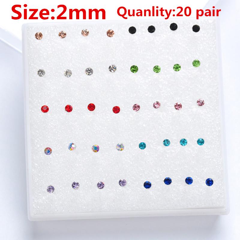 Модные разноцветные серьги для девочек, 20 пар в упаковке, серьги-гвоздики со стразами, модные милые женские серьги-гвоздики с кристаллами