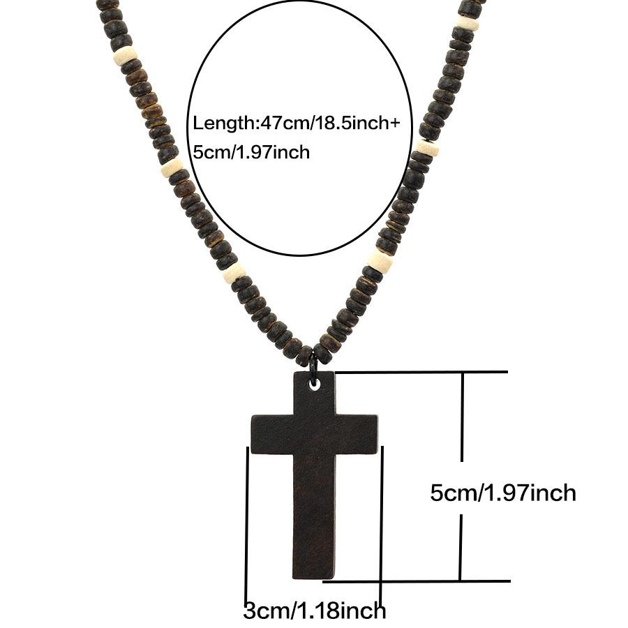 Noter Vintage Wooden Cross Pendant Necklace For Men Handmade Brown Wood Beaded Chain Catholic Christian Religious Jewelry Gift