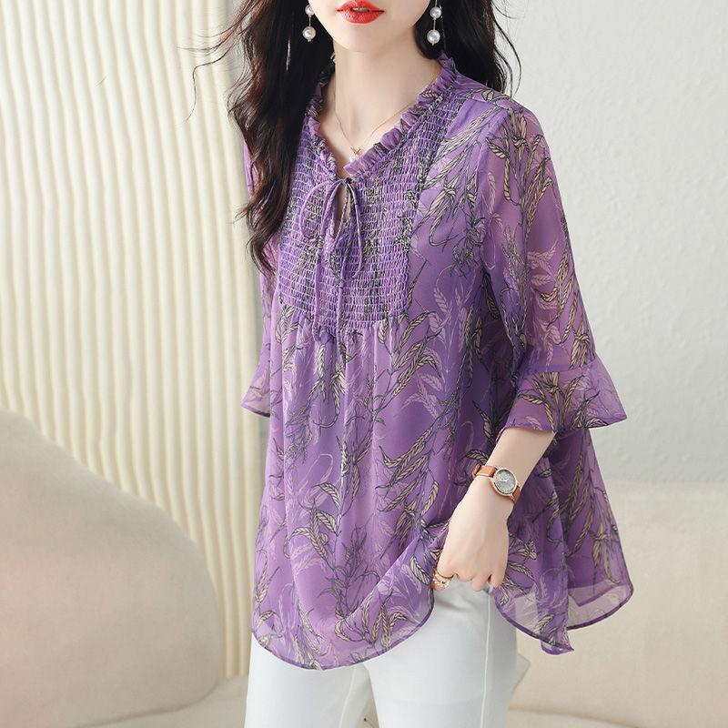 Женская летняя шифоновая рубашка большого размера с коротким рукавом и свободного кроя, топ для среднего и пожилого возраста, маленькая рубашка