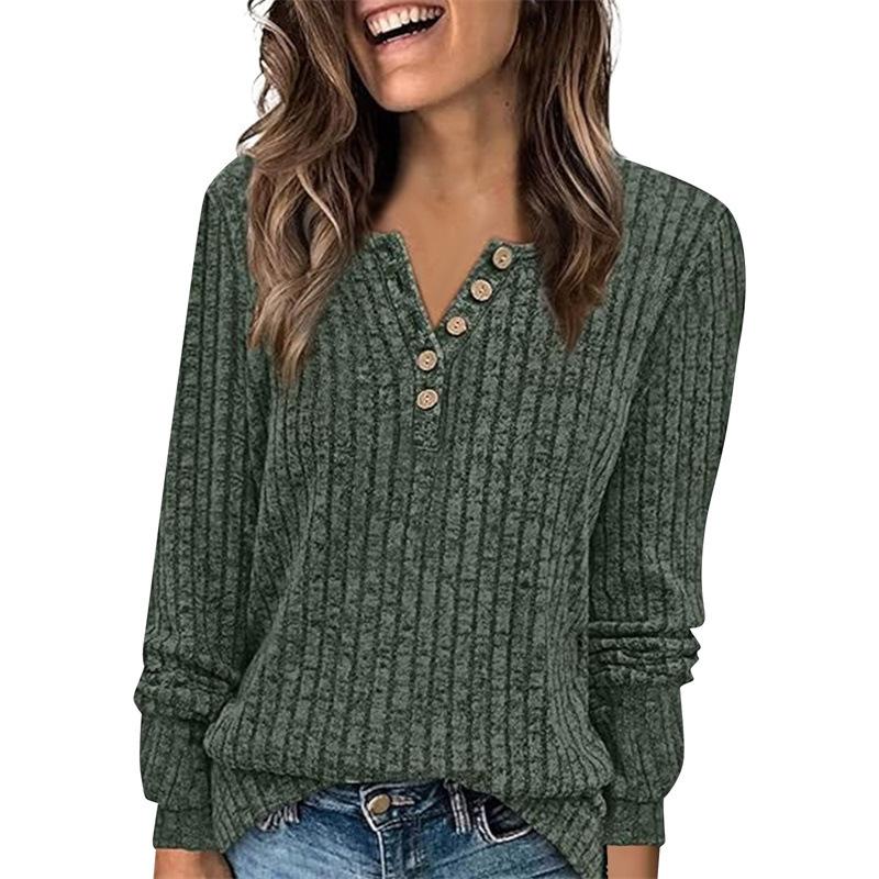 Women's Fashion Long Sleeve T-Shirt Solid Color Button Decoration Top