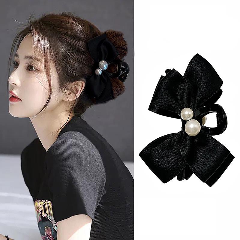 Новые атласные большие банты с жемчугом, акриловые заколки для волос для женщин, корейские модные заколки для волос, усовершенствованные задние заколки-ложки, аксессуары для волос