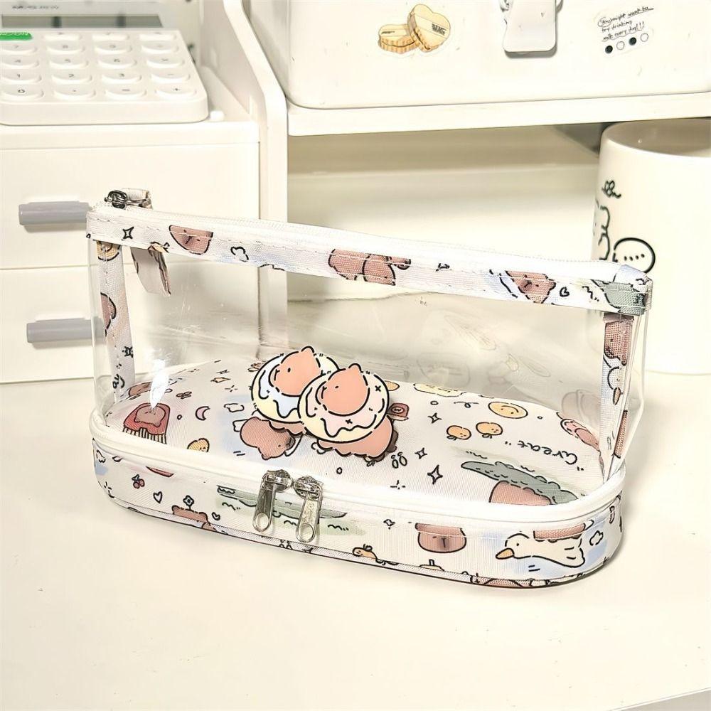 Cartoon Student Pencil Pouch Canvas Stationery Storage Bag Simplicity Transparent Pencil Case  Girl