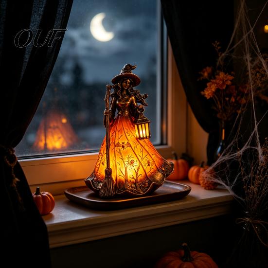 Witch Wizard Hat Lantern Halloween Tabletop Lamp, Gothic Night Light with Broom & Lantern, Desktop for Bedroom USB Powered Spooky Ambient Mantel Shelf
