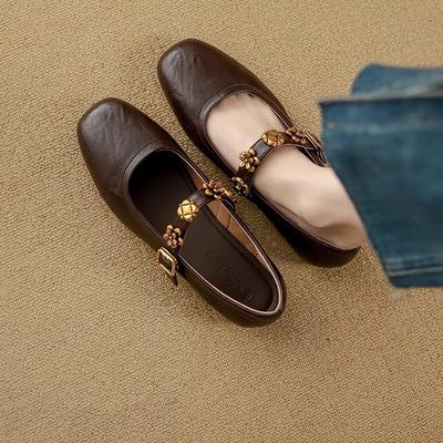 Супермягкая кожа~ ретро туфли Мэри Джейн для женской коллекции весна-осень 2025, новые одинарные туфли с мелким вырезом на плоской подошве с ремешком на одной пуговице, маленькая кожа