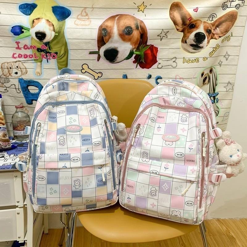 Ins Style Girls' Nylon Large Capacity Backpack For School Students Cartoon Cute Flower Pattern Grid Element