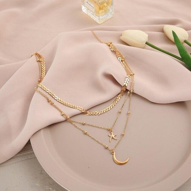 Новое простое многослойное ожерелье золотого цвета, колье с геометрическим кулоном в виде звезды и луны для женщин, колье-чокер, ювелирные аксессуары