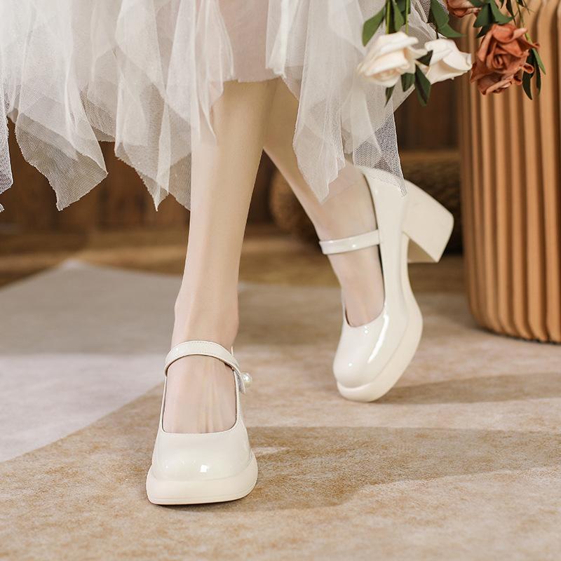 Туфли-лодочки Little Mary Jane на толстом каблуке женские, жемчужные, французские, ретро, высокие каблуки, одно слово со светлым ртом, фея