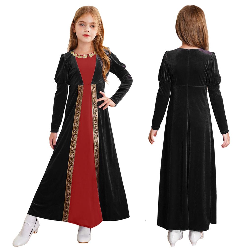 Girls Renaissance Dress Princess Medieval Long Sleeve Maxi Dress Gothic Cosplay Costume Halloween Role Playing Party Fancy Dress Gown