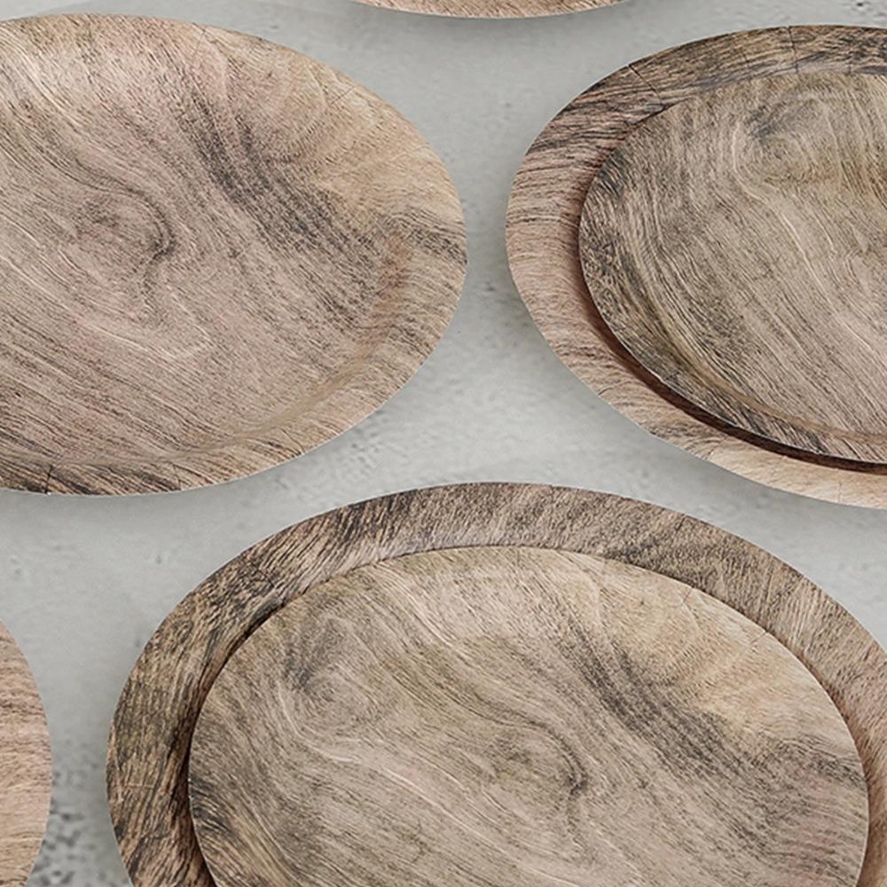 10pcs Round Imitation Wood Grain Disposable Plate Vintage Paper Food Tray Disposable Dish Picnic