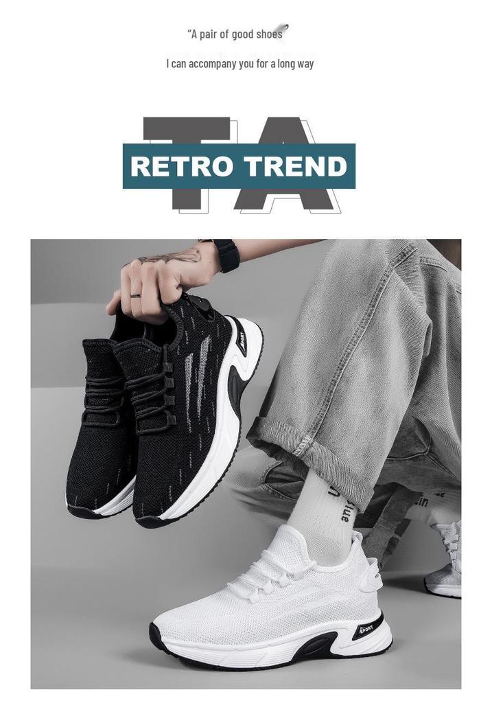 Мужские беговые кроссовки с скрытой танкеткой 8 см, Flyknit, на толстой платформе, с сетчатым верхом, белые.