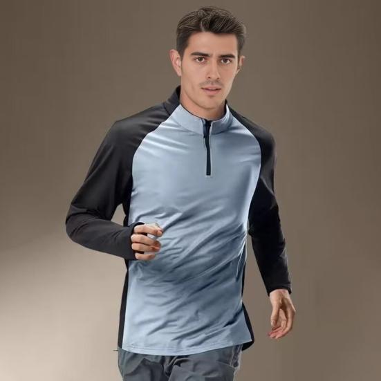 2 шт./компл. Мужской спортивный костюм Комплект Стойка воротник Топы с длинным рукавом Эластичная талия Длинные брюки Комплект Лоскутный цвет Быстросохнущий наряд