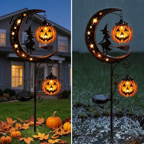 Decorative Stakes for Flower Beds Solar Halloween White Ghost Pumpkin Moon Garden Stake Light, Waterproof LED Glowing Landscape Lights Yard